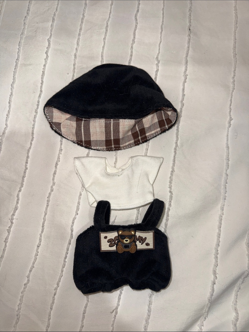 Labubu Black Plaid-Lined Bucket Hat & Bear Suspender Set
